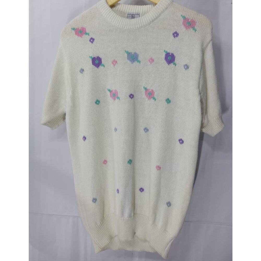 barry ashley Floral Knit Sweater White Short Sleeve Crew Neck Women Size 16W